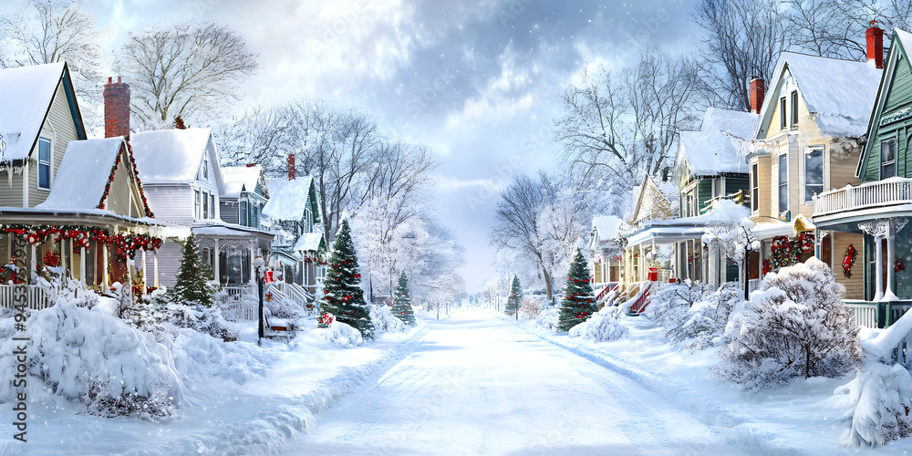 A quiet snow-covered street lined with decorated houses and trees creates a serene winter atmosphere filled with holiday cheer A quiet snow-covered street lined with decorated houses and trees creates a serene winter atmosphere filled with holiday cheer