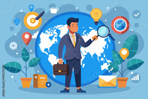 Global world economic analysis, international work opportunity, oversea research or investment country risk, region or foreign career searching concept, businessman analyze global world business.
