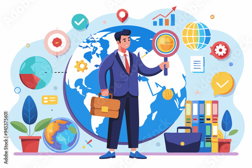 Global world economic analysis, international work opportunity, oversea research or investment country risk, region or foreign career searching concept, businessman analyze global world business.
