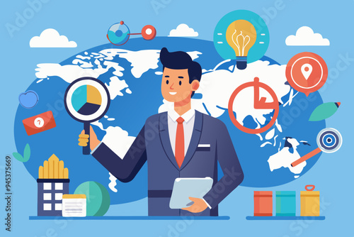 Global world economic analysis, international work opportunity, oversea research or investment country risk, region or foreign career searching concept, businessman analyze global world business.
