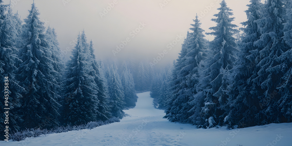 A snow-covered pine forest at dawn reveals a serene path leading through the trees under a soft misty atmosphere A snow-covered pine forest at dawn reveals a serene path leading through the trees under a soft misty atmosphere