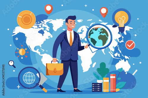 Global world economic analysis, international work opportunity, oversea research or investment country risk, region or foreign career searching concept, businessman analyze global world business.

