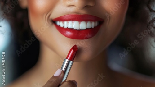 A close-up of a woman applying vibrant lipstick in front of a mirror, with her flawless makeup and radiant smile highlighting her beauty.