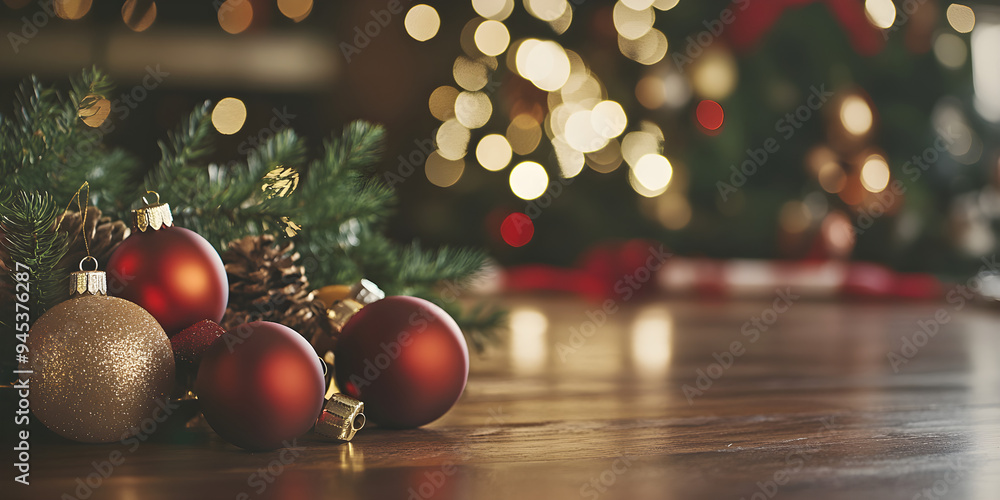 Fototapeta premium A vintage Christmas setting with classic ornaments and pinecones on a wooden surface, softly illuminated by warm holiday lights