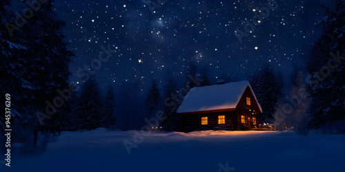 A tranquil winter night scene with a cozy cabin surrounded by snow-covered trees under a starry sky