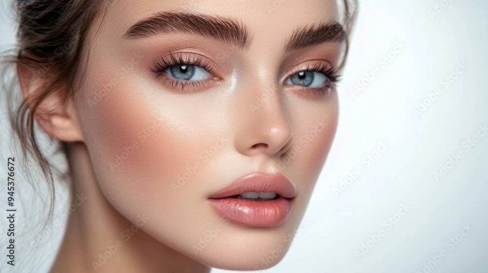 A close-up of a woman with a classic makeup look, including well-defined brows and natural-looking blush, set against a white background, highlighting her elegance. A close-up of a woman with a classic makeup look, including well-defined brows and natural-looking blush, set against a white background, highlighting her elegance.