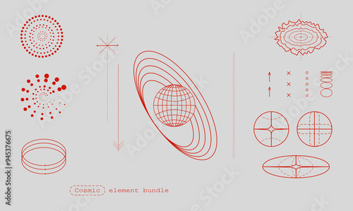 Geometric shapes and patterns related to cosmic elements, sphere representing planet and various lines, curves symbolizing celestial bodies. Science. Modern aesthetics, minimalist art. Vector design