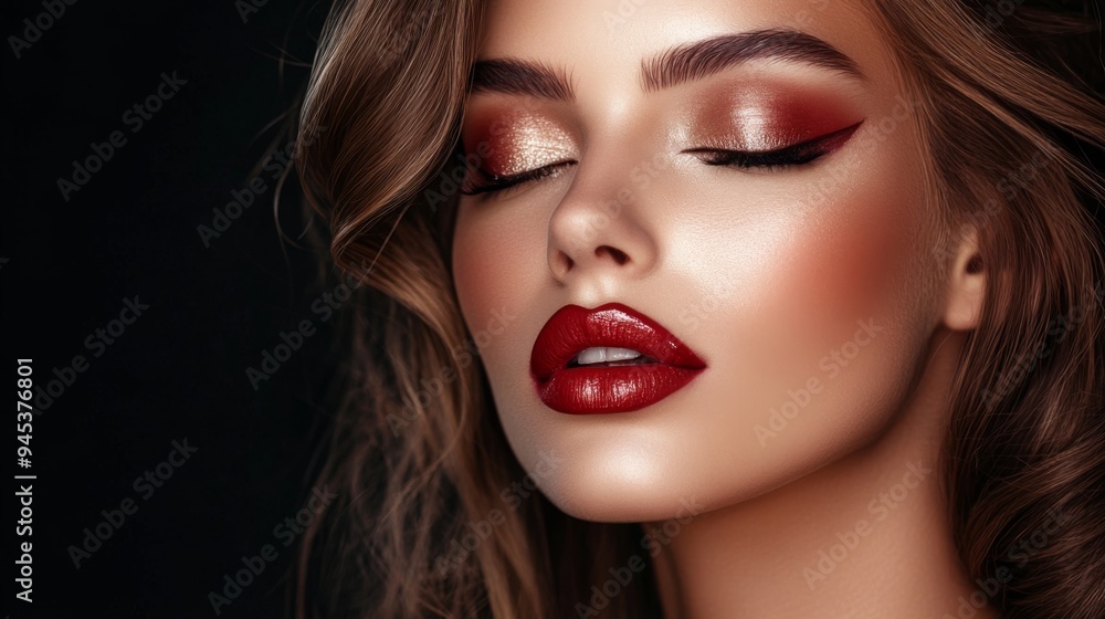 A close-up of a woman with a glamorous makeup look, featuring bold eyeshadow and glossy lips, with her hair styled elegantly, showcasing her sophisticated appearance. A close-up of a woman with a glamorous makeup look, featuring bold eyeshadow and glossy lips, with her hair styled elegantly, showcasing her sophisticated appearance.