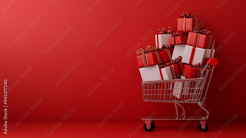 A shopping cart filled with red and white wrapped gifts against a red background. A shopping cart filled with red and white wrapped gifts against a red background.