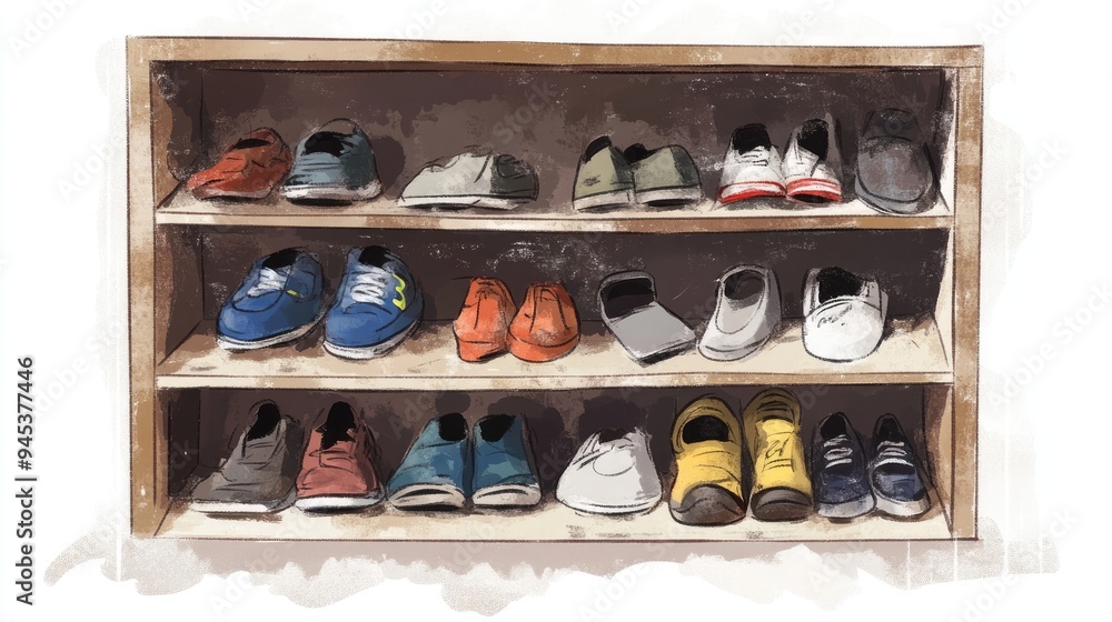 Illustration of Dirty Shoes on an Open Shelf Shoe Rack Illustration of Dirty Shoes on an Open Shelf Shoe Rack