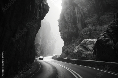 a black and white photo of a car driving through a canyon photo