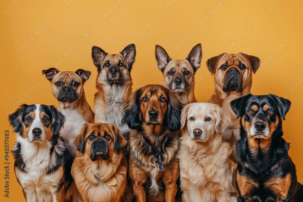 A diverse group of dogs poses together in front of a bright yellow background. The portrait captures the unique personalities and expressions of each dog, creating a lively and heartwarming image. A diverse group of dogs poses together in front of a bright yellow background. The portrait captures the unique personalities and expressions of each dog, creating a lively and heartwarming image.