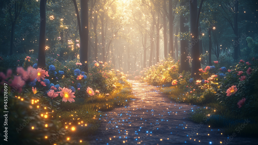 Enchanted Forest Path with Glowing Lights Enchanted Forest Path with Glowing Lights