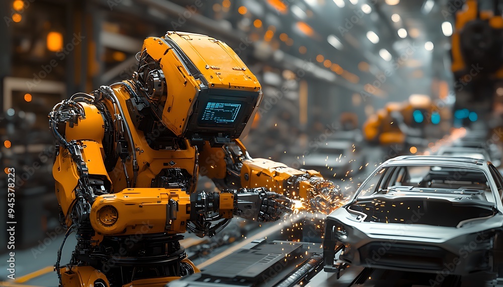 Robotic Welding at the Cutting Edge: Generative AI Showcases a High-Tech Factory Scene with Advanced Stage Design and Cinematic Lighting Robotic Welding at the Cutting Edge: Generative AI Showcases a High-Tech Factory Scene with Advanced Stage Design and Cinematic Lighting