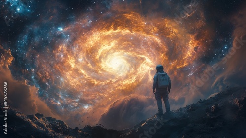 Fototapeta Naklejka Na Ścianę i Meble -  Astronauts adventure through a wormhole in space