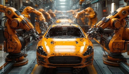 A Futuristic Factory Unveiled: Generative AI's Depiction of Robotic Arms Welding Cars with Cinematic Lighting and Advanced Stage Design Elements