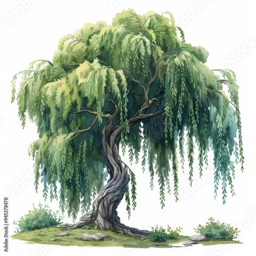 Watercolor illustration of a weeping willow tree, featuring a thick, twisting trunk and long, drooping branches