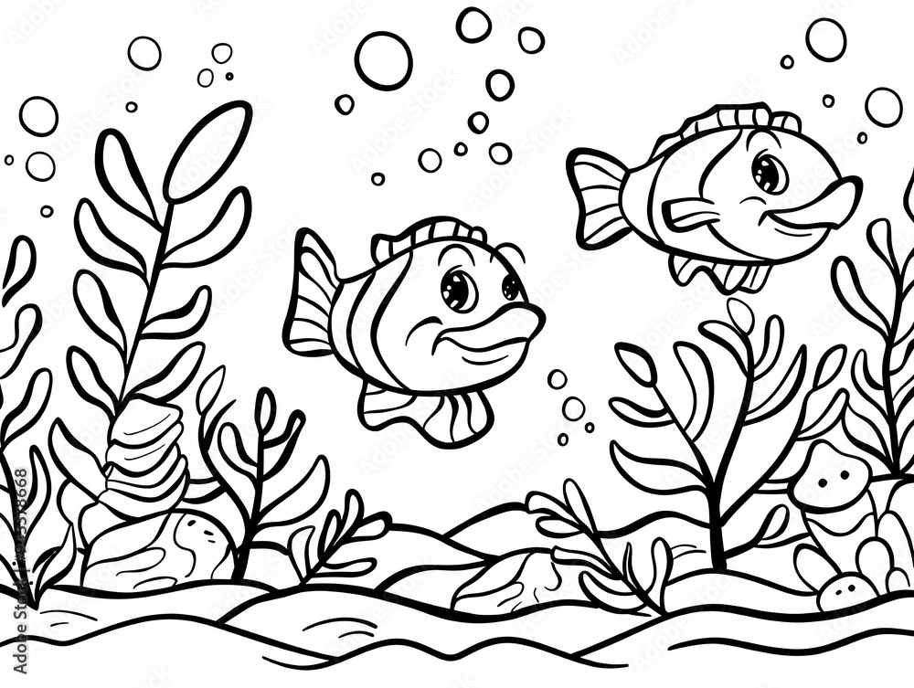 Fototapeta premium A black-and-white coloring page featuring two cheerful fish and aquatic plants with bubbles.