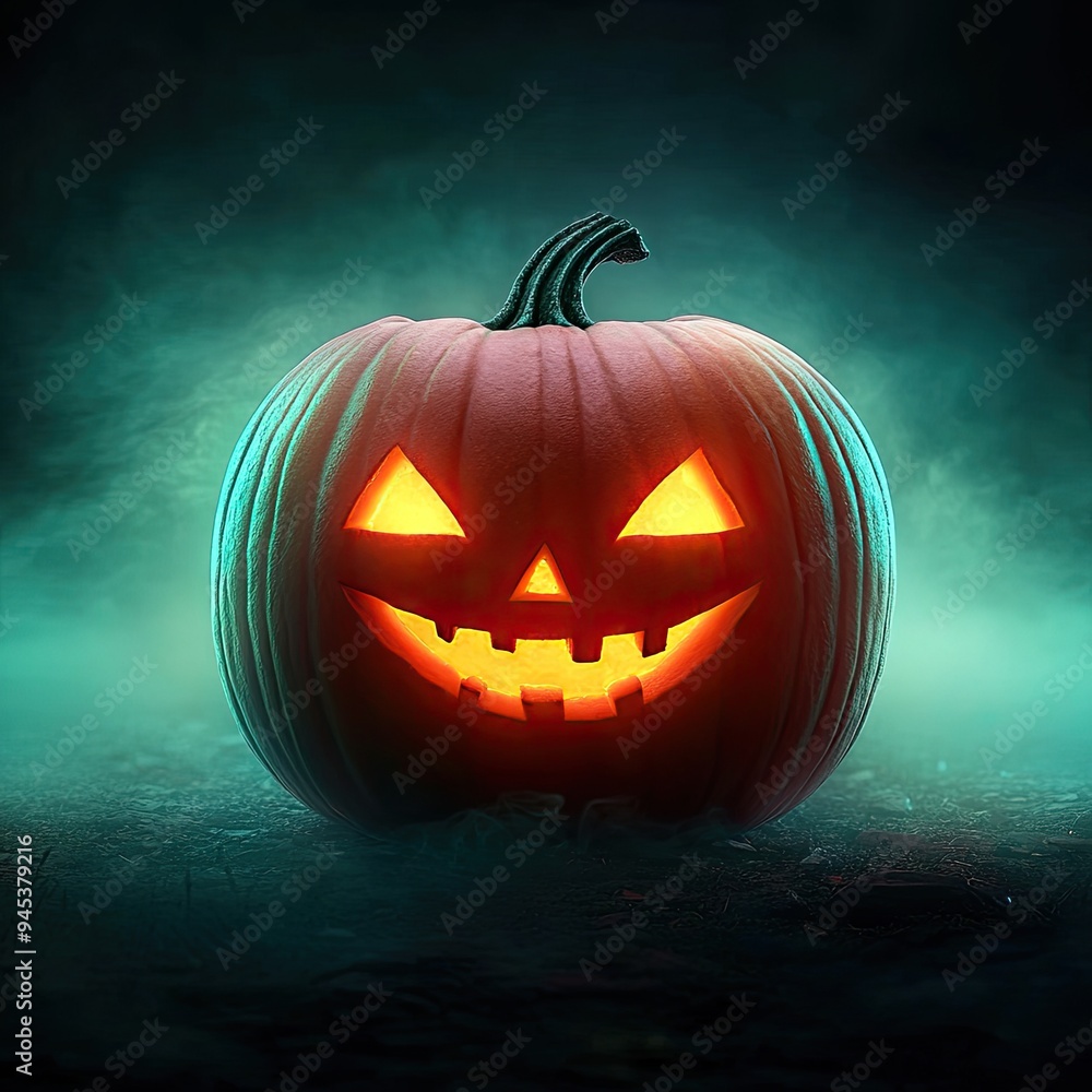 A glowing pumpkin with a mischievous grin, surrounded by an eerie mist, perfect for Halloween decoration or celebration. A glowing pumpkin with a mischievous grin, surrounded by an eerie mist, perfect for Halloween decoration or celebration.