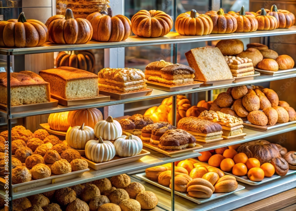 6. Bakery display case filled with an assortment of freshly baked goods, including a pyramid of pumpkin spice kaiser rolls, a realistic photo image.