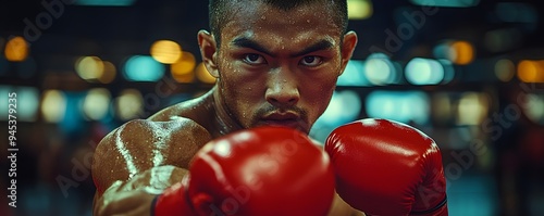 Boxer Staring Down Opponent - Intense Face-Off in Boxing Arena photo