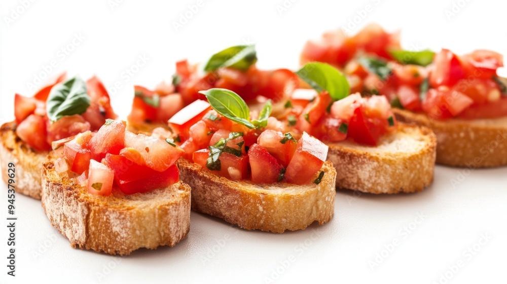 A close-up of bruschetta with diced tomatoes, garlic, and basil on toasted bread slices, arranged neatly on a white background. A close-up of bruschetta with diced tomatoes, garlic, and basil on toasted bread slices, arranged neatly on a white background.