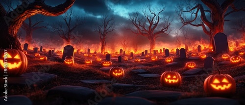 A haunting graveyard scene illuminated by glowing jack-o'-lanterns amidst dark trees and eerie fog, perfect for Halloween themes.