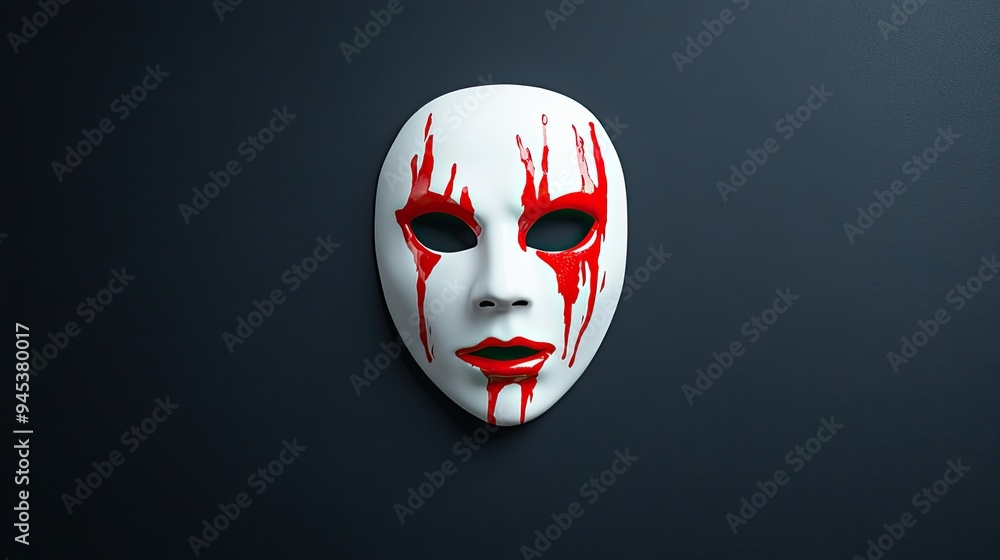 A haunting white mask with red streaks, evoking themes of horror and mystery for artistic projects. A haunting white mask with red streaks, evoking themes of horror and mystery for artistic projects.