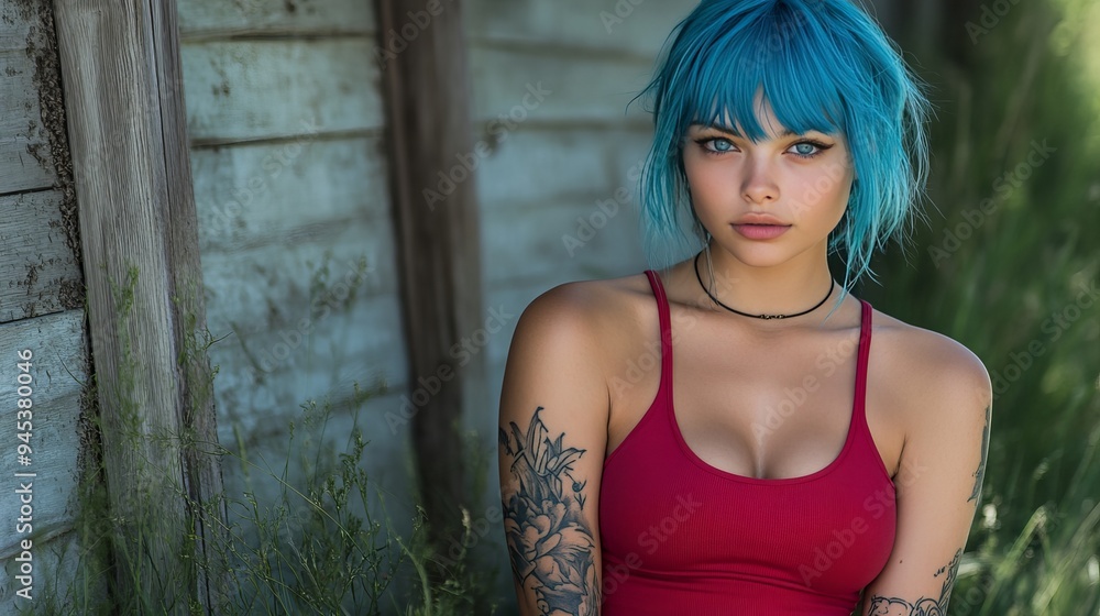 Fototapeta premium Young woman with blue hair poses in a rustic outdoor setting during daylight