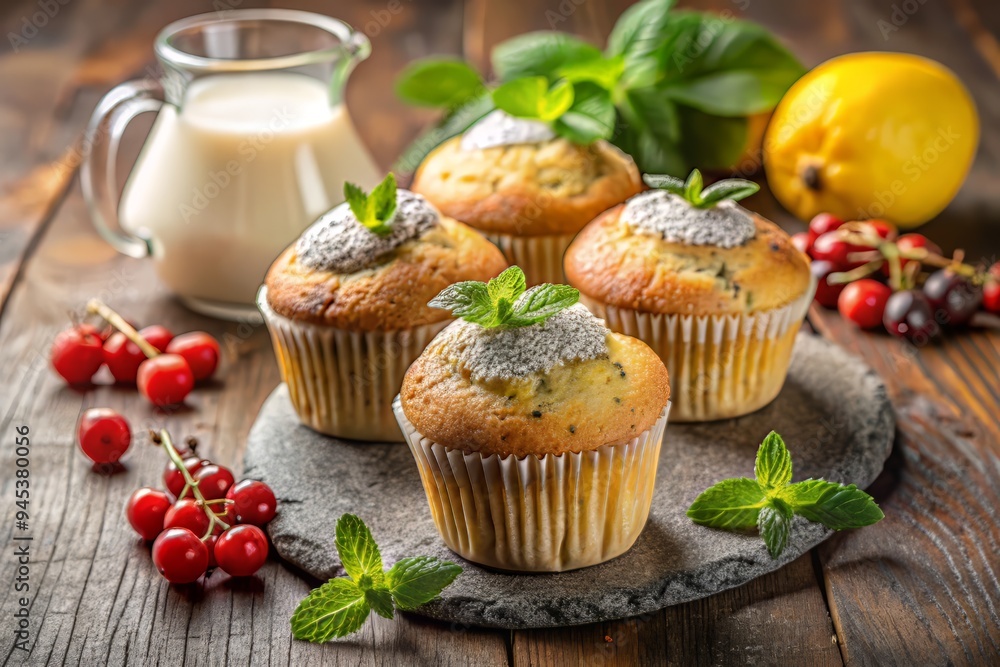 A still life arrangement of three lemon poppyseed muffins, surrounded by a scattering of fresh berries, a pitcher of cold milk, and a few sprigs of fresh mint A still life arrangement of three lemon poppyseed muffins, surrounded by a scattering of fresh berries, a pitcher of cold milk, and a few sprigs of fresh mint