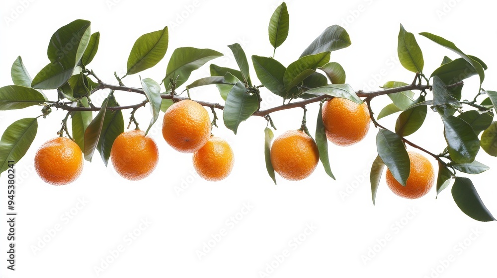 A branch of ripe oranges with green leaves against a white background. A branch of ripe oranges with green leaves against a white background.