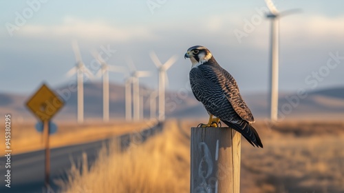 A falcon sitting on a pole along the road and blurred wind turbins on the background photo