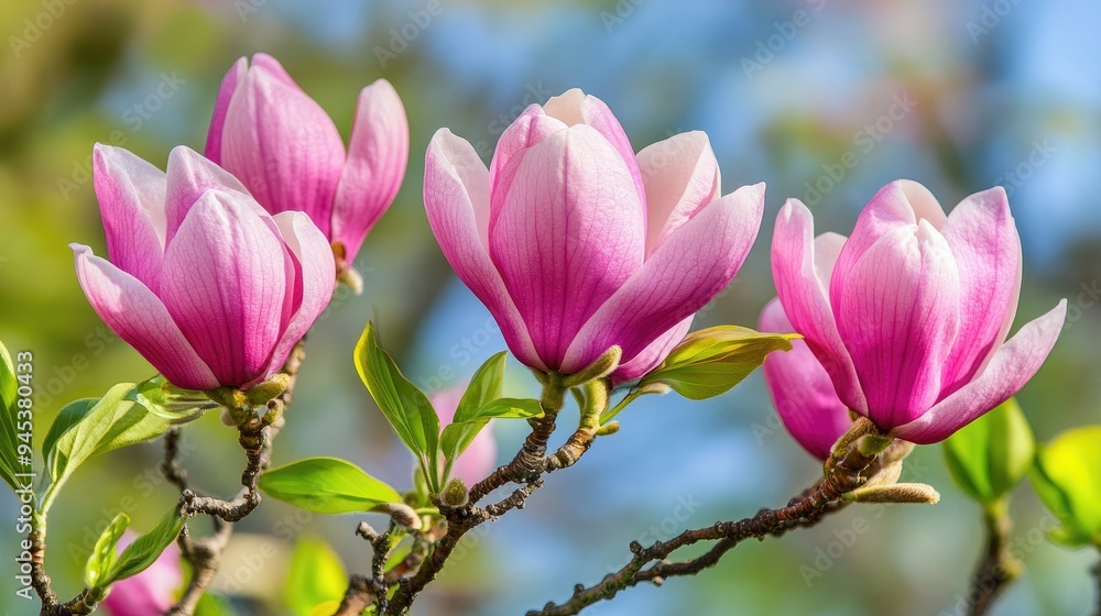 Pink magnolia flowers blooming in spring garden Pink magnolia flowers blooming in spring garden
