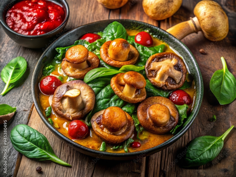 8. A trio of colors - golden mushrooms, emerald green spinach, and crimson red sauce - come together in a vibrant and appetizing image, a realistic photo image. 8. A trio of colors - golden mushrooms, emerald green spinach, and crimson red sauce - come together in a vibrant and appetizing image, a realistic photo image.