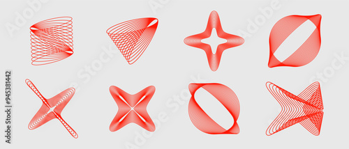 Collection of various geometric shapes, including spirals, stars, and ovals, rendered in red on a gray background. Science. Modern aesthetics, minimalist art. Vector design, poster and ad