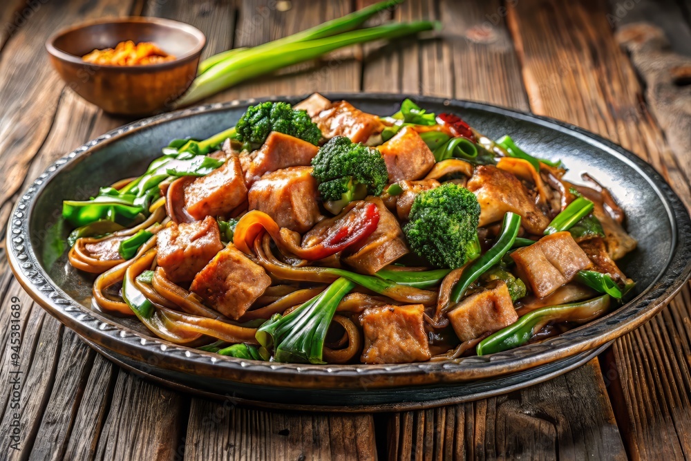 A delectable Pad See Ew Moo, featuring slow-cooked pork belly, sautéed Chinese broccoli, and a drizzle of sweet soy sauce, served on a vintage enameled metal plate, a realistic photo image. A delectable Pad See Ew Moo, featuring slow-cooked pork belly, sautéed Chinese broccoli, and a drizzle of sweet soy sauce, served on a vintage enameled metal plate, a realistic photo image.