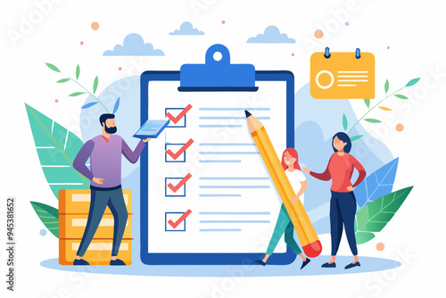 Checklist to complete project task, accomplish work checkmark, todo list clipboard or project status report, plan to finish work concept, business people holding pencil complete task checkbox
