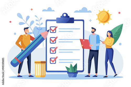 Checklist to complete project task, accomplish work checkmark, todo list clipboard or project status report, plan to finish work concept, business people holding pencil complete task checkbox
