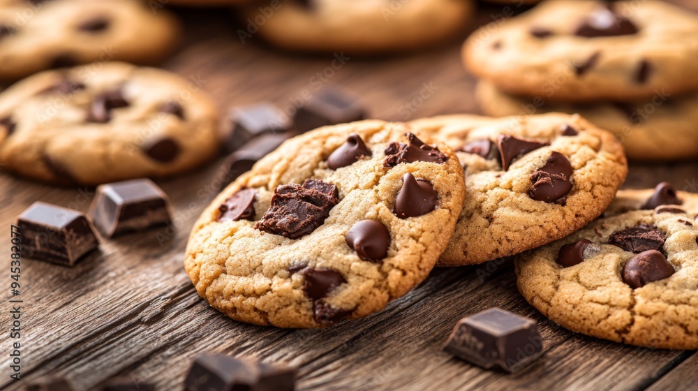 A close-up of freshly baked chocolate chip cookies with gooey, melted chocolate chunks, arranged on a rustic wooden surface for a tempting treat. A close-up of freshly baked chocolate chip cookies with gooey, melted chocolate chunks, arranged on a rustic wooden surface for a tempting treat.