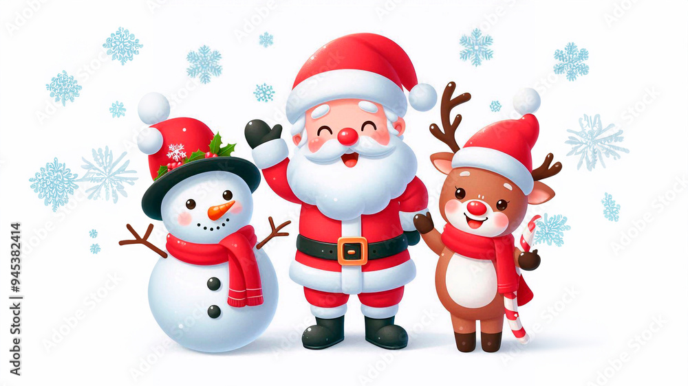 Happy Christmas characters: Santa Claus, snowman and reindeer waving, smiling isolated on white background Happy Christmas characters: Santa Claus, snowman and reindeer waving, smiling isolated on white background