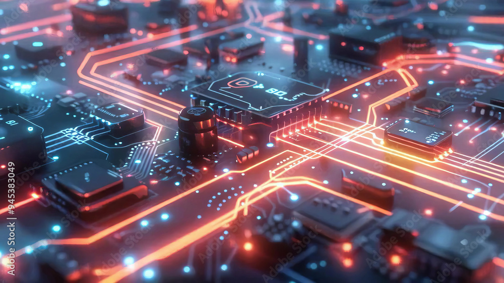 Digital electronic circuit board in neon colors with vibrant energy flowing through, creating a futuristic and dynamic background new stock image illustration AI Digital electronic circuit board in neon colors with vibrant energy flowing through, creating a futuristic and dynamic background new stock image illustration AI