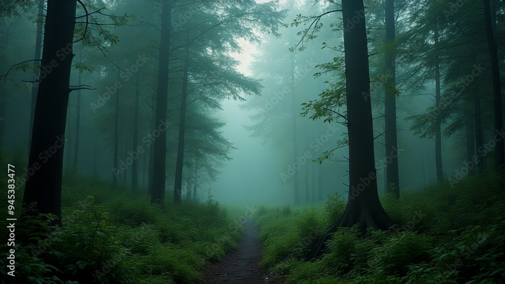 A forest path is shown in the rain, with trees on either side A forest path is shown in the rain, with trees on either side