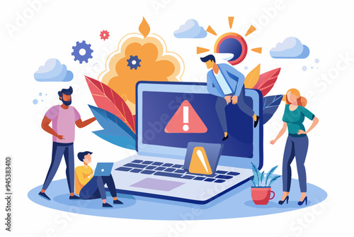 Computer outage, error or failure causing by software update mistake, operating system crash or cyber attack, server down or technical issue concept, people victims looking at computer laptop outage. 