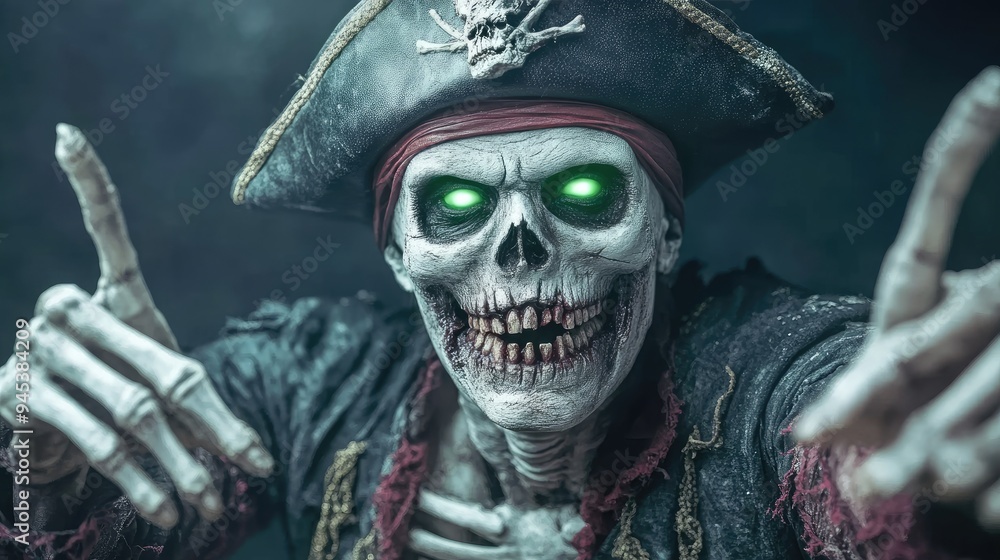 A spooky pirate skeleton with glowing green eyes, wearing a tattered hat, perfect for Halloween themes or eerie decor. A spooky pirate skeleton with glowing green eyes, wearing a tattered hat, perfect for Halloween themes or eerie decor.