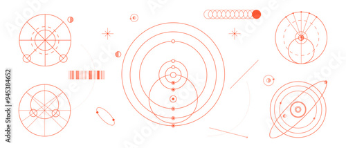 Collection of geometric shapes, circles, lines, arcs, arranged in grid-like pattern, representing astronomical, mathematical concepts. Science. Modern aesthetics, minimalist art. Vector design