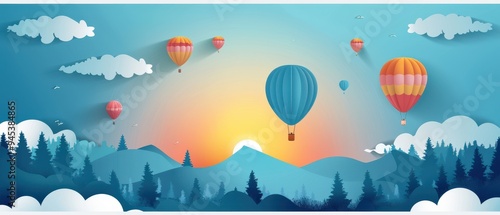 Vibrant hot air balloons floating in a clear blue sky over a colorful, blossoming field. Free copy space for banner.