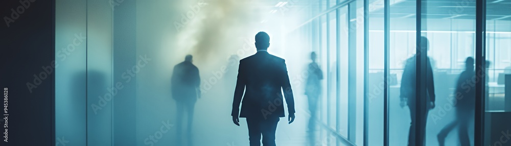 A silhouette of a man walking through a misty office environment with blurred figures. A silhouette of a man walking through a misty office environment with blurred figures.