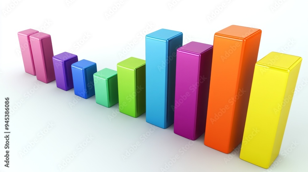 A colorful 3D bar chart with varying heights, showing positive growth, with each bar represented in a different gradient color on a clean white background.