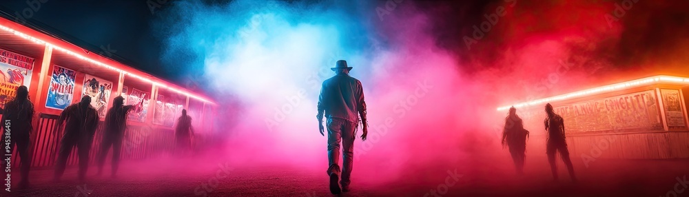 An enigmatic figure walks through vibrant smoke, illuminated by colorful lights, creating a mysterious and atmospheric scene. An enigmatic figure walks through vibrant smoke, illuminated by colorful lights, creating a mysterious and atmospheric scene.