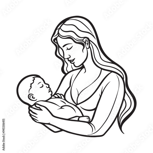 A mother breastfeeds her baby line art illustration vector silhoutette